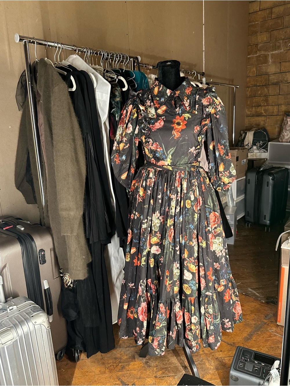 Selkie Black Floral Ruffle Long-Sleeve Maxi Dress size M - Picture 2 of 7